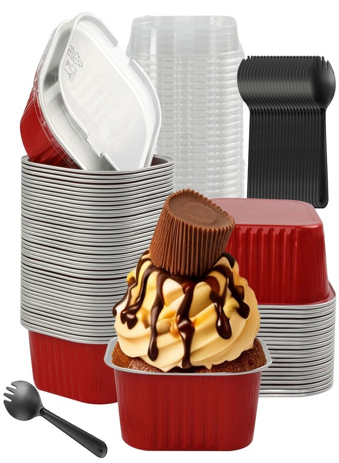 BAKINGPAK Baking Cups With Lids, 30PCS 10oz Square Mini Cake Pans With Lids Disposable Cupcake Containers Individual Cake Pans with Lids Mini Aluminum Pans with Lids for Christmas Party Birthday, Red - Image 1