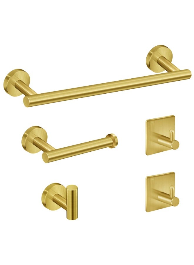 5-Pieces Bathroom Hardware Set Brushed Nickel SUS304 Stainless Steel Round Wall Mounted - Includes 16" Hand Towel Bar, Toilet Paper Holder, 3 Robe Towel Hooks,Bathroom Accessories Kit (Gold) - Image 1