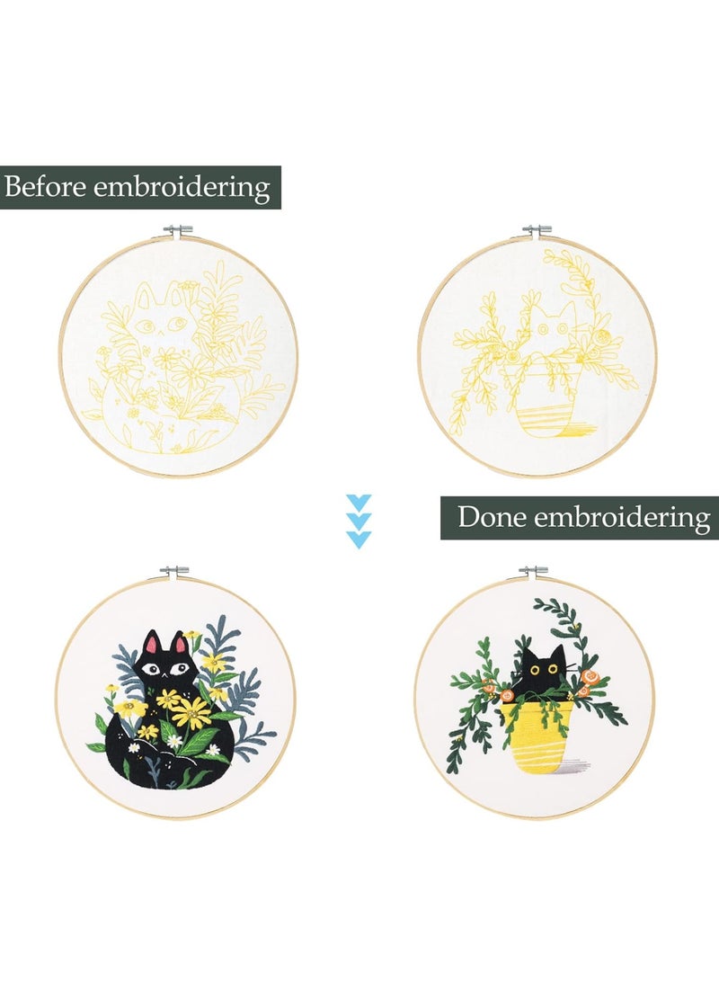 SYOSI 4 Pack Embroidery kit with Patterns and Instructions for Beginners Cross Stitch Kits for Adults, with 4 Embroidery Clothes with Plant Cat Pattern, 2 Embroidery Hoop - Image 5
