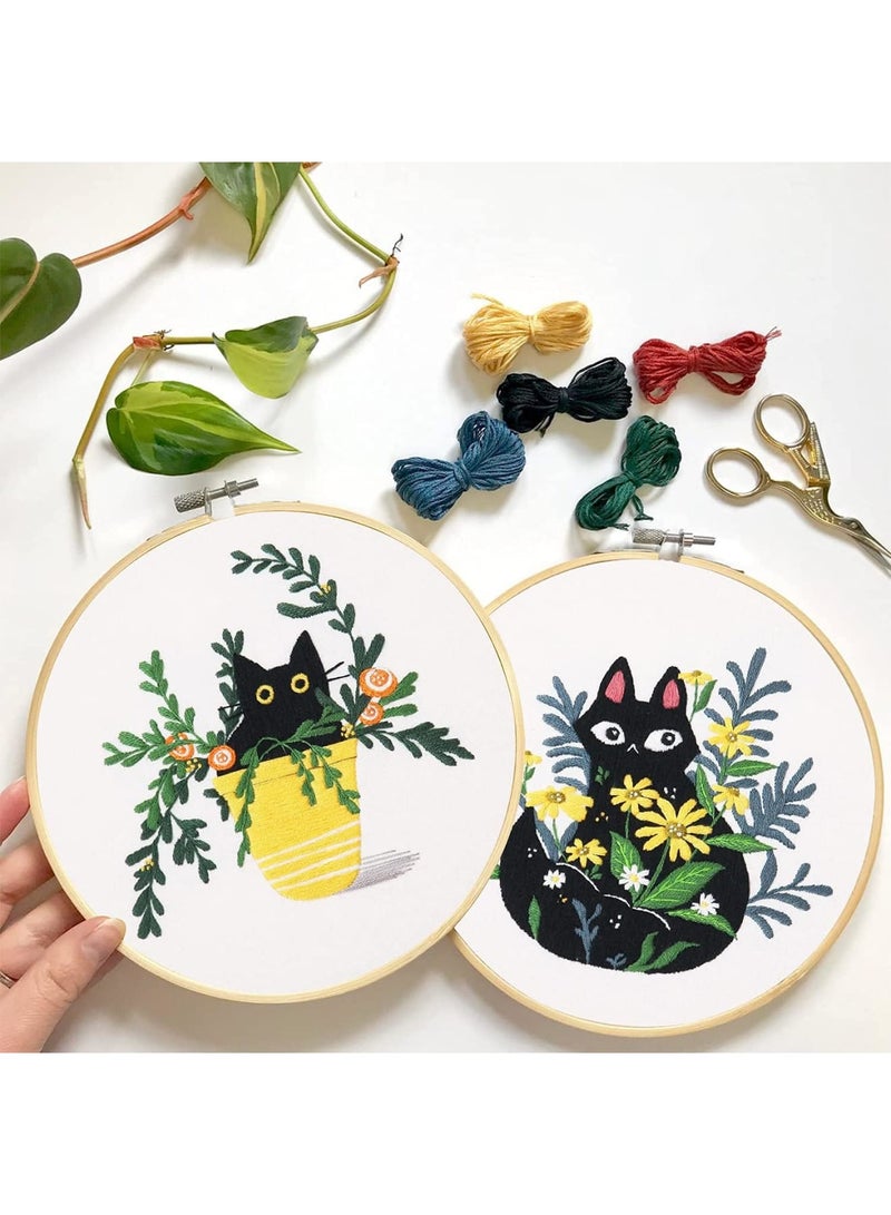 SYOSI 4 Pack Embroidery kit with Patterns and Instructions for Beginners Cross Stitch Kits for Adults, with 4 Embroidery Clothes with Plant Cat Pattern, 2 Embroidery Hoop - Image 2