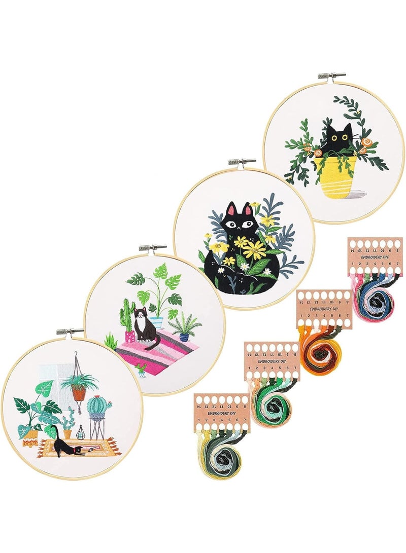 SYOSI 4 Pack Embroidery kit with Patterns and Instructions for Beginners Cross Stitch Kits for Adults, with 4 Embroidery Clothes with Plant Cat Pattern, 2 Embroidery Hoop - Image 1