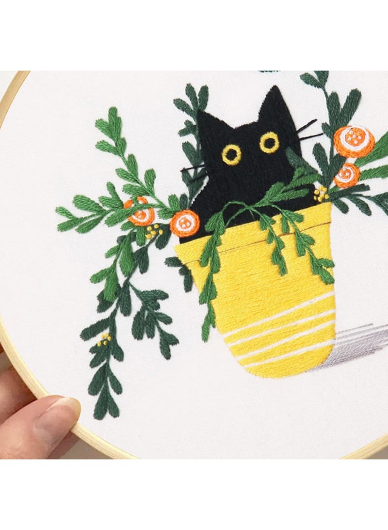 SYOSI 4 Pack Embroidery kit with Patterns and Instructions for Beginners Cross Stitch Kits for Adults, with 4 Embroidery Clothes with Plant Cat Pattern, 2 Embroidery Hoop - Image 3