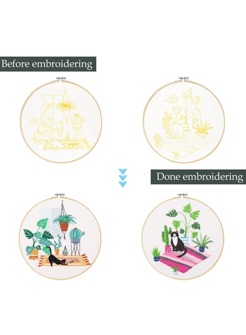 SYOSI 4 Pack Embroidery kit with Patterns and Instructions for Beginners Cross Stitch Kits for Adults, with 4 Embroidery Clothes with Plant Cat Pattern, 2 Embroidery Hoop - Image 4