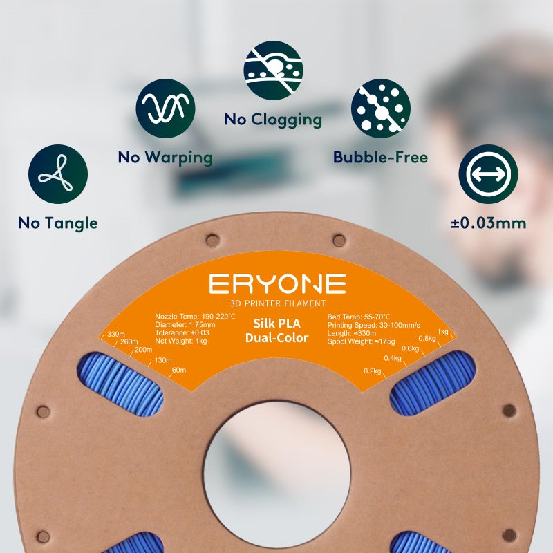 ERYONE Silk Dual Color PLA Filament 3D Printer 1.75mm +/- 0.03mm, Bicolor Filament Two Tone PLA 1KG(2.2lbs) Cardboard Spool, Blue Green - Image 4