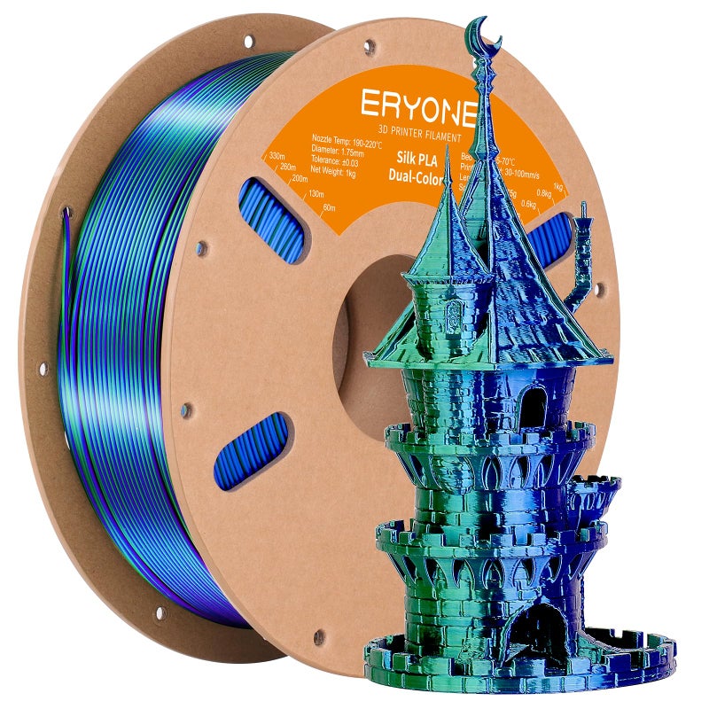 ERYONE Silk Dual Color PLA Filament 3D Printer 1.75mm +/- 0.03mm, Bicolor Filament Two Tone PLA 1KG(2.2lbs) Cardboard Spool, Blue Green - Image 1