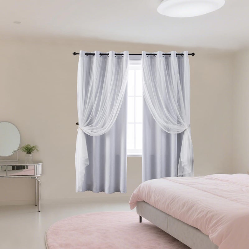 indistar Home Blackout Curtains Double Layer Solid Sheer Grommet Top Window Curtain Panel Pair, 52Wx63L,Greyish White - Image 5