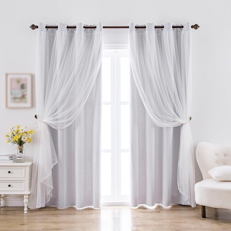 indistar Home Blackout Curtains Double Layer Solid Sheer Grommet Top Window Curtain Panel Pair, 52Wx63L,Greyish White - Image 1