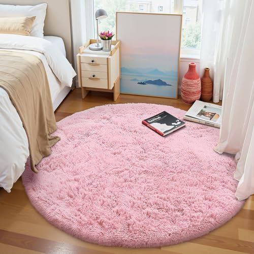 OLANLY Pink Round Rugs for Bedroom - Machine Washable, 5 ft Circle Area Rugs for Living Room, Soft and Fluffy Shaggy Carpet for Teen Girls and Boys, Nursery Rooms, Dorms, Home Decor Aesthetic - Image 2