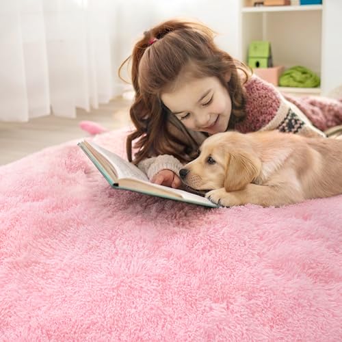 OLANLY Pink Round Rugs for Bedroom - Machine Washable, 5 ft Circle Area Rugs for Living Room, Soft and Fluffy Shaggy Carpet for Teen Girls and Boys, Nursery Rooms, Dorms, Home Decor Aesthetic - Image 4