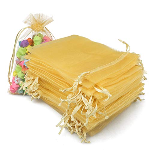 G2PLUS Organza Bags 4×6 Inches, 100PCS Gold Organza Gift Bags with Drawstring, Sheer Mesh Jewelry Pouches, Sheer Candy Bag for Christmas, Wedding Party Favors - Image 1