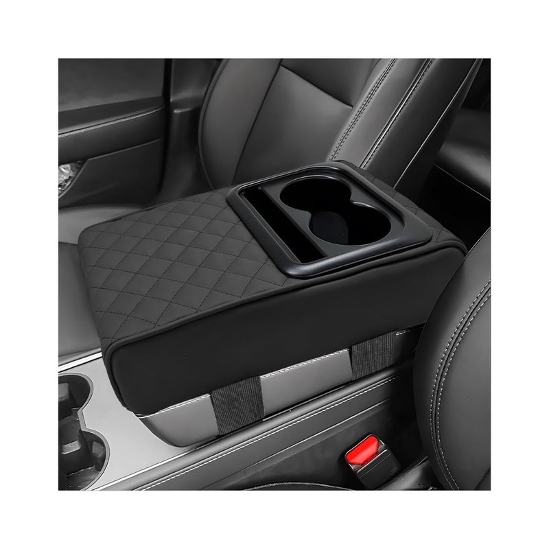 ZNDAW Car Center Console Armrest Pillow, 14"Ã—8.3" Waterproof Leather Armrest Box Cover with Cup and Phone Holder, Soft Memory Foam Arm Rest Console Pad Protector for SUV Truck (Black, Embroidery) - Image 1