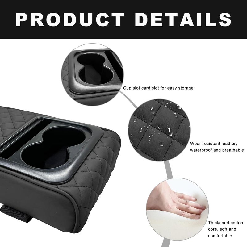 ZNDAW Car Center Console Armrest Pillow, 14"Ã—8.3" Waterproof Leather Armrest Box Cover with Cup and Phone Holder, Soft Memory Foam Arm Rest Console Pad Protector for SUV Truck (Black, Embroidery) - Image 3