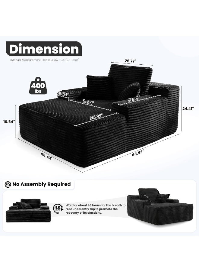 Poppins Home Cozy Chaise Lounge Chair Premium velvet Upholstered Sofa Bed with Armrests & 2 Plush Pillows, Oversized Fluffy Comfort 170cm x 122cm (Black) - Image 2