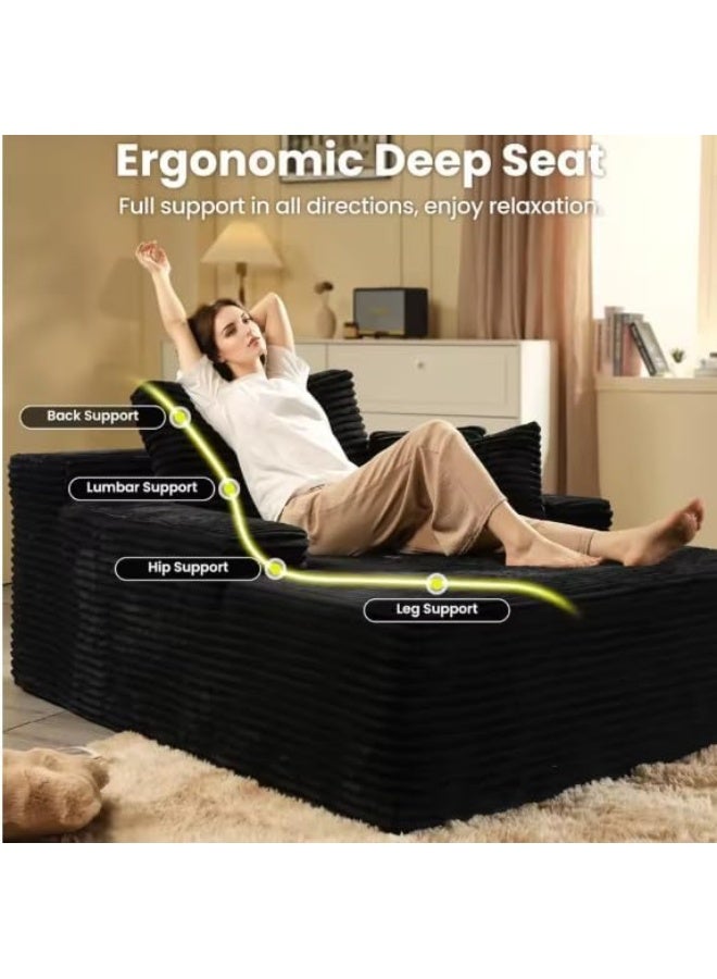 Poppins Home Cozy Chaise Lounge Chair Premium velvet Upholstered Sofa Bed with Armrests & 2 Plush Pillows, Oversized Fluffy Comfort 170cm x 122cm (Black) - Image 4