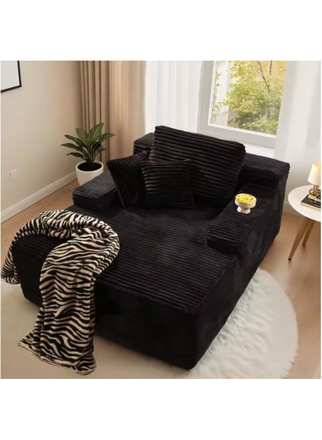 Poppins Home Cozy Chaise Lounge Chair Premium velvet Upholstered Sofa Bed with Armrests & 2 Plush Pillows, Oversized Fluffy Comfort 170cm x 122cm (Black) - Image 1