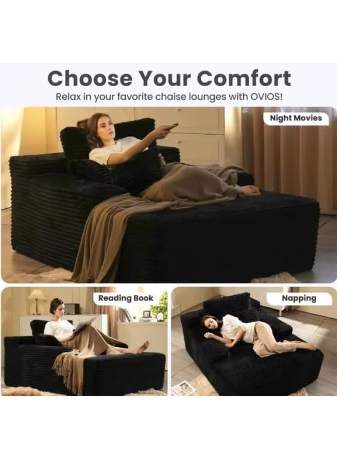 Poppins Home Cozy Chaise Lounge Chair Premium velvet Upholstered Sofa Bed with Armrests & 2 Plush Pillows, Oversized Fluffy Comfort 170cm x 122cm (Black) - Image 3