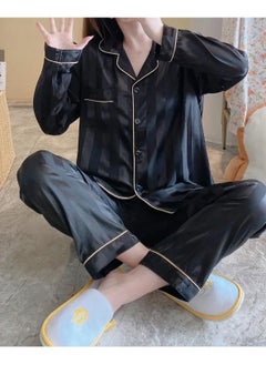 Generic Women Satin Pajama Set, Long Sleeve Button-Down Top with Pants, Black with Gold Piping, Classic Sleepwear  - Image 2