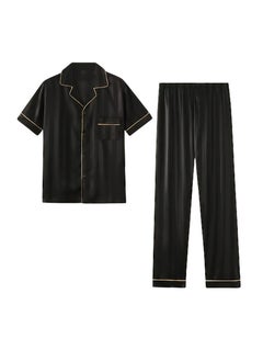 Generic Women Satin Pajama Set, Long Sleeve Button-Down Top with Pants, Black with Gold Piping, Classic Sleepwear  - Image 3