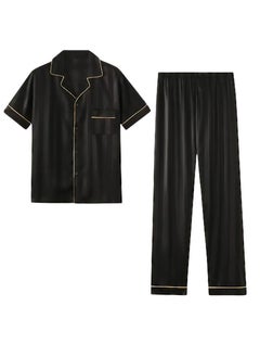 Generic Women Satin Pajama Set, Long Sleeve Button-Down Top with Pants, Black with Gold Piping, Classic Sleepwear  - Image 1