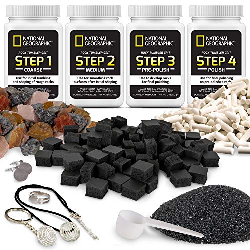 Blue Marble NATIONAL GEOGRAPHIC Rock Tumbler Refill Kit – Rock Tumbling Supplies including Rock Tumbler Grit and Polish Refill, Ceramic Media, GemFoam, 3 lbs Madagascar Rocks for Tumbling, Jewelry Accessories - Image 1