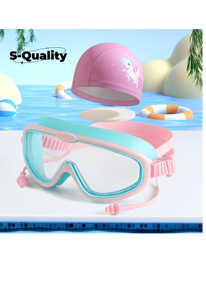 Kids Swimming Goggles and PU Cap Set – Wide View, Anti-Fog, Waterproof for Boys and Girls - Image 1