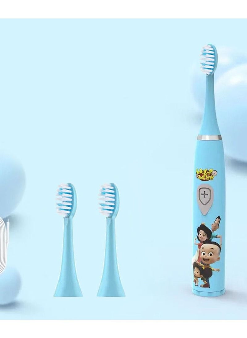 MARGOUN Electric Toothbrush for Kids Rechargeable Cartoon Printed Children Toothbrush with 2x Replacement Brush Heads Battery Operated Blue  - Image 2