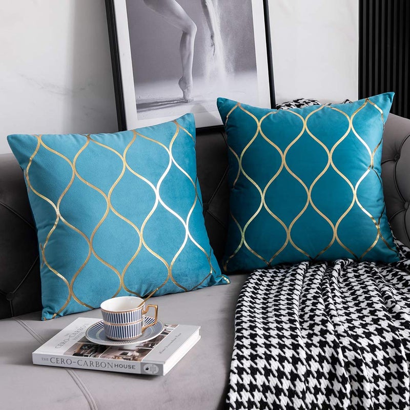 DEZENE 18x18 Inch Gold Velvet Throw Pillow Covers: 2 Pack Square Decorative Pillow Cases for Bedroom Sofa Couch Living Room  Turquoise - Image 3