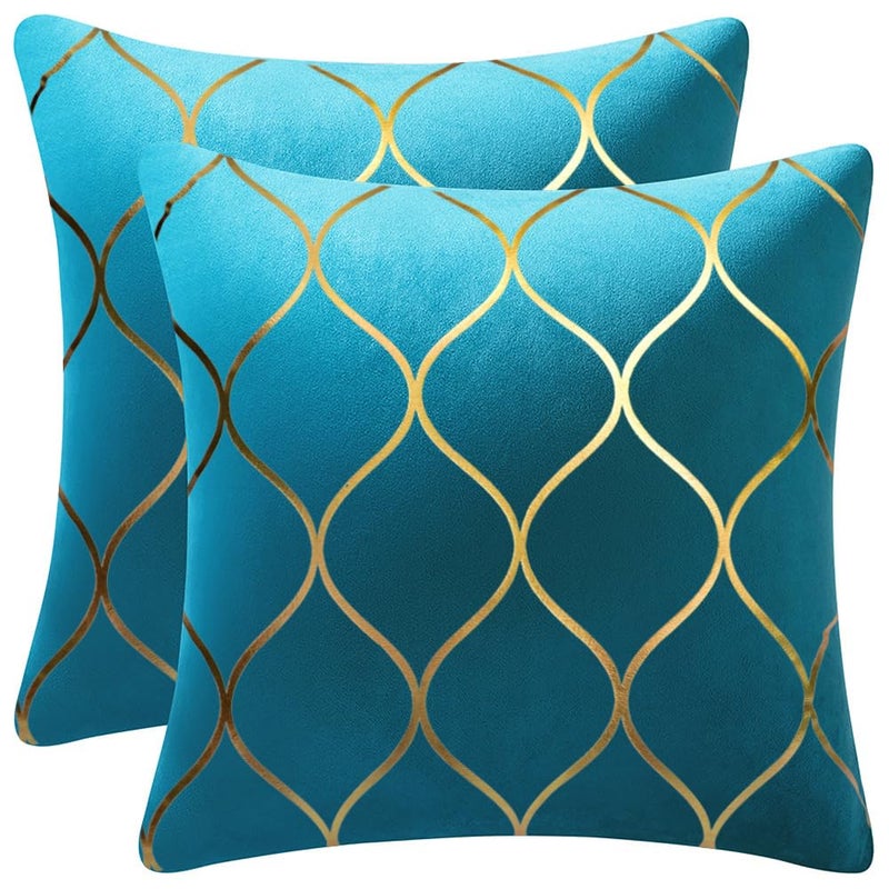 DEZENE 18x18 Inch Gold Velvet Throw Pillow Covers: 2 Pack Square Decorative Pillow Cases for Bedroom Sofa Couch Living Room  Turquoise - Image 1