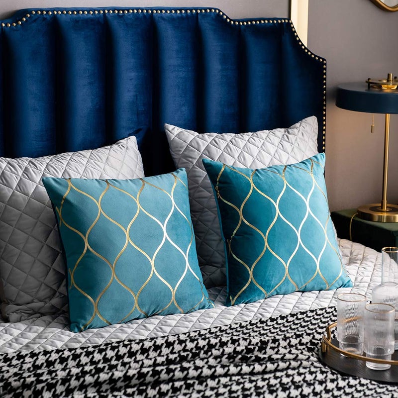 DEZENE 18x18 Inch Gold Velvet Throw Pillow Covers: 2 Pack Square Decorative Pillow Cases for Bedroom Sofa Couch Living Room  Turquoise - Image 5