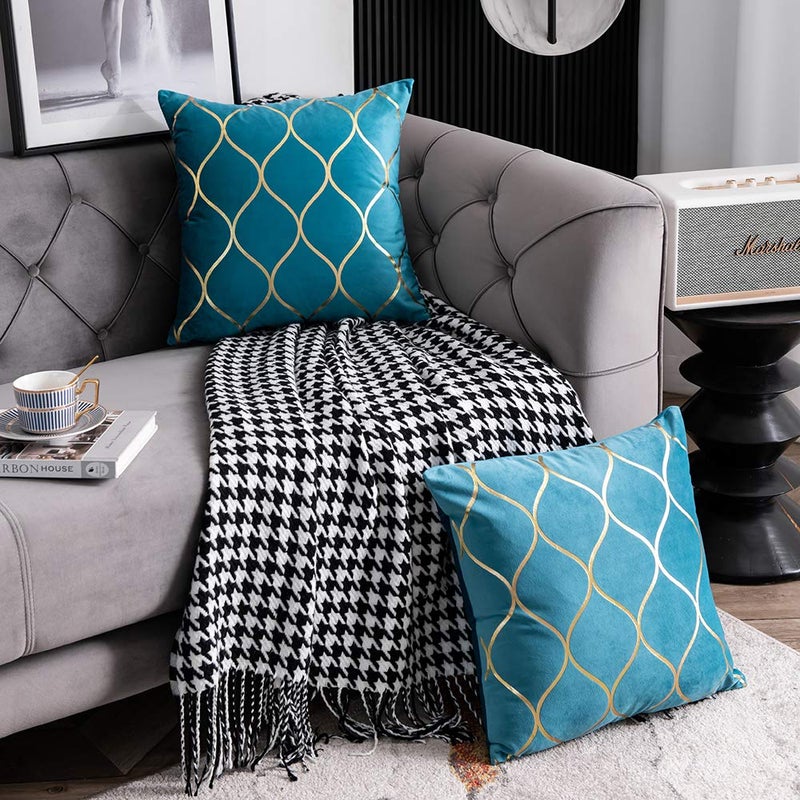 DEZENE 18x18 Inch Gold Velvet Throw Pillow Covers: 2 Pack Square Decorative Pillow Cases for Bedroom Sofa Couch Living Room  Turquoise - Image 4