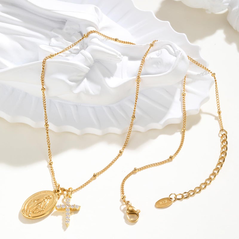 XUANPAI Gold Cross Necklace for Women - 14k Gold Plated Virgin Mary Pendant Necklaces,Hypoallergenic Non Tarnish Golden Cubic Zirconia Catholic Virgen de Guadalupe Jewelry,Religious Faith Baptism Gift for Her - Image 5