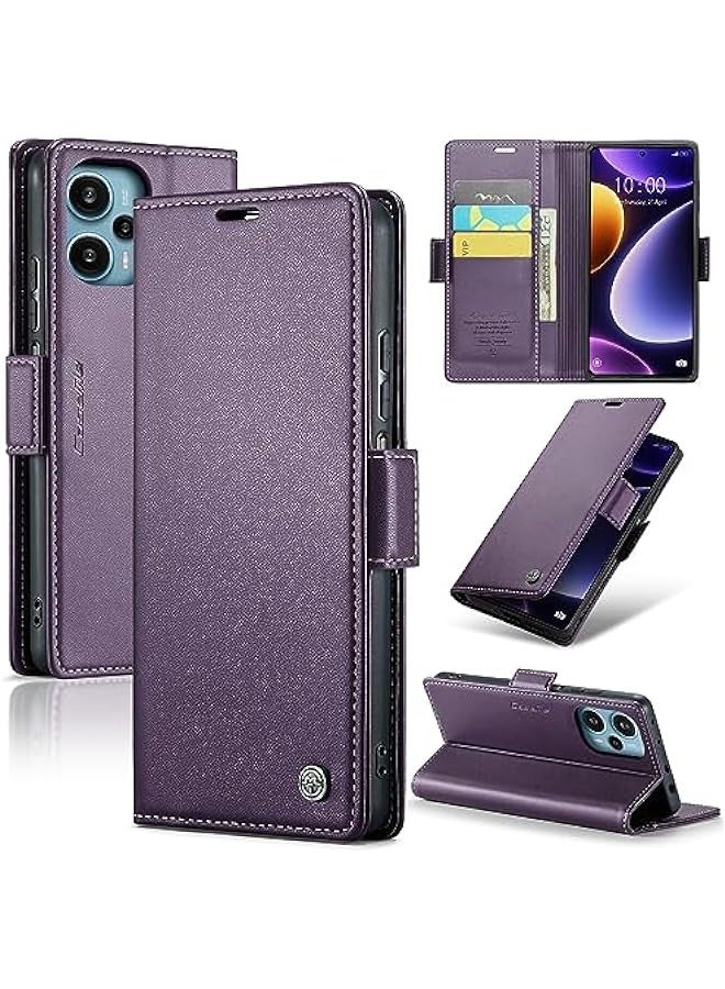Premium Leather RFID Blocking Wallet Case for Xiaomi Poco F5 - Magnetic Flip Kickstand, Shockproof Phone Case with Credit Card Holder (Purple) - Image 1