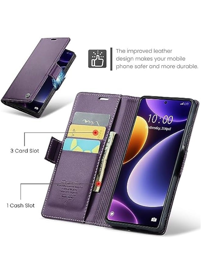 Premium Leather RFID Blocking Wallet Case for Xiaomi Poco F5 - Magnetic Flip Kickstand, Shockproof Phone Case with Credit Card Holder (Purple) - Image 3