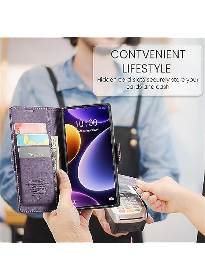 Premium Leather RFID Blocking Wallet Case for Xiaomi Poco F5 - Magnetic Flip Kickstand, Shockproof Phone Case with Credit Card Holder (Purple) - Image 5