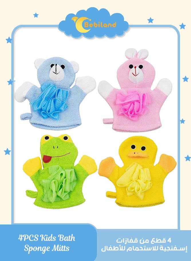 Bebiland 4 PCS Baby Bath Sponge Mitts with Animal Design, Cute Hand Puppets Washcloth Mitt Bath Glove, Shower Bath Sponge (Rabbit, Frog, Duck, Bear) - Image 1