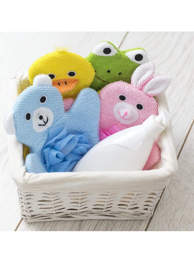 Bebiland - 4 PCS Baby Bath Sponge Mitts with Animal Design, Cute Hand Puppets Washcloth Mitt Bath Glove, Shower Bath Sponge (Rabbit, Frog, Duck, Bear) - Image 1