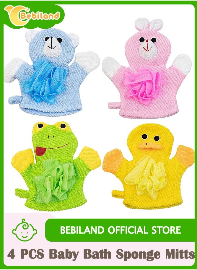 Bebiland - 4 PCS Baby Bath Sponge Mitts with Animal Design, Cute Hand Puppets Washcloth Mitt Bath Glove, Shower Bath Sponge (Rabbit, Frog, Duck, Bear) - Image 1