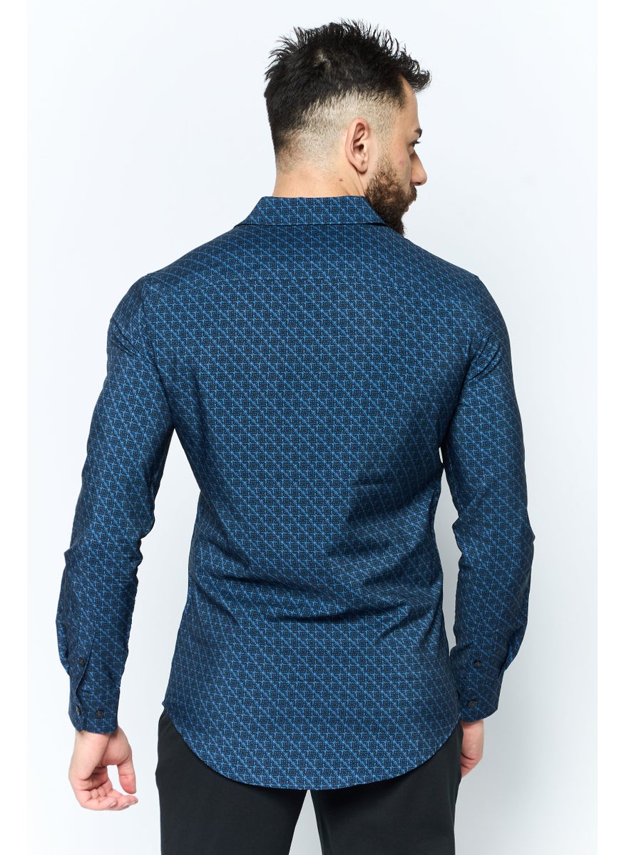 PERRY ELLIS - Men Slim Fit Long Sleeves Graphic Print Casual Shirt, Navy Combo - Image 1