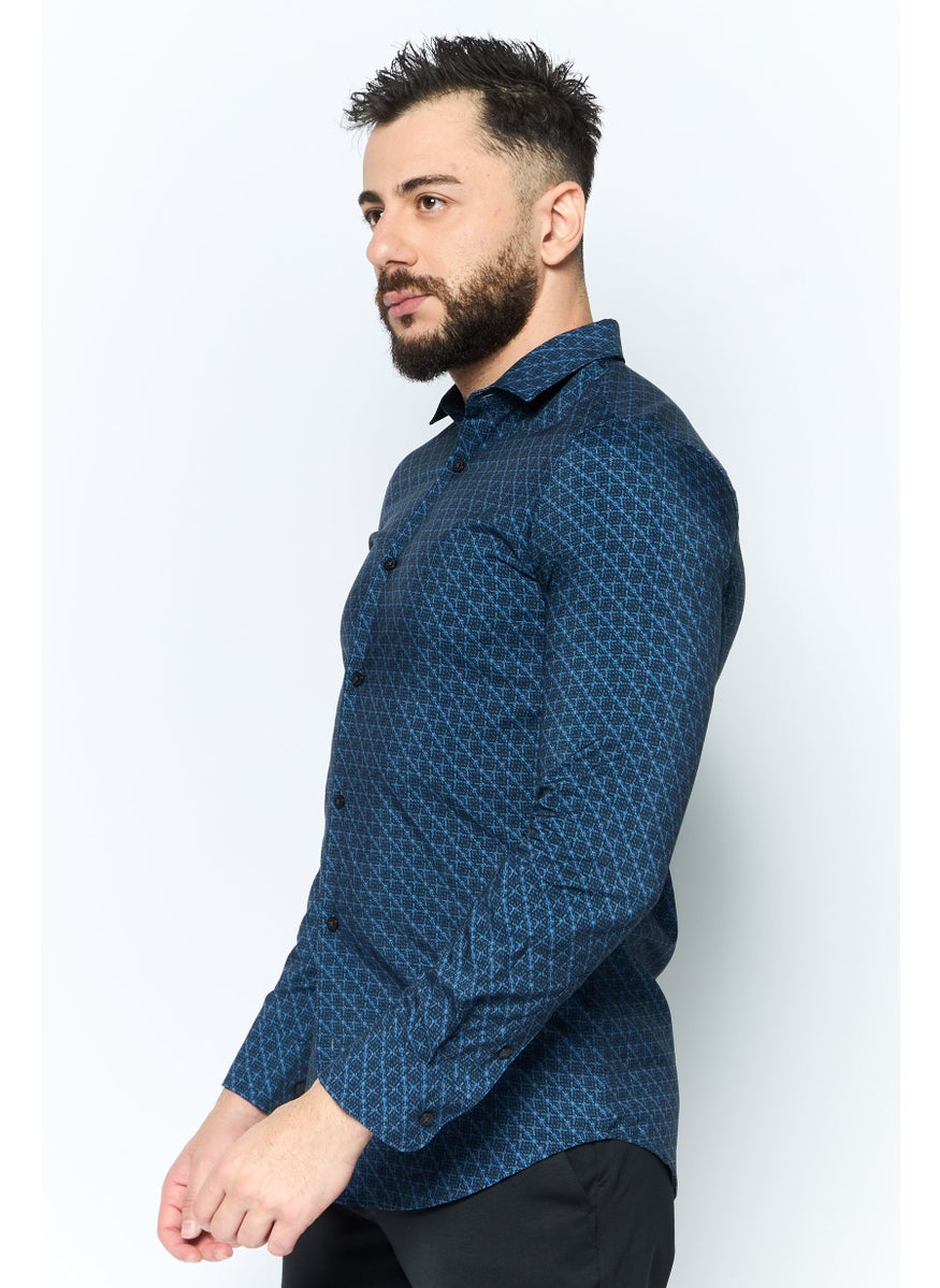 PERRY ELLIS - Men Slim Fit Long Sleeves Graphic Print Casual Shirt, Navy Combo - Image 1