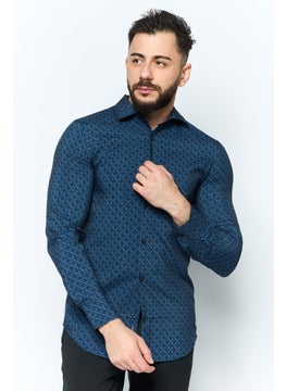 Men Slim Fit Long Sleeves Graphic Print Casual Shirt, Navy Combo
