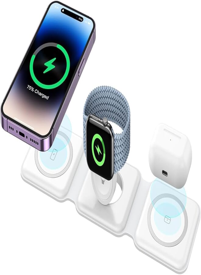 Aen Art 3 in 1 Wireless Charger with Mag-Safe for Apple Watch 9 8 7 Ultra MFi Fast Charging Pad for 2/3/Pro pods Wireless Charger for iPhone 15 14 13 12
