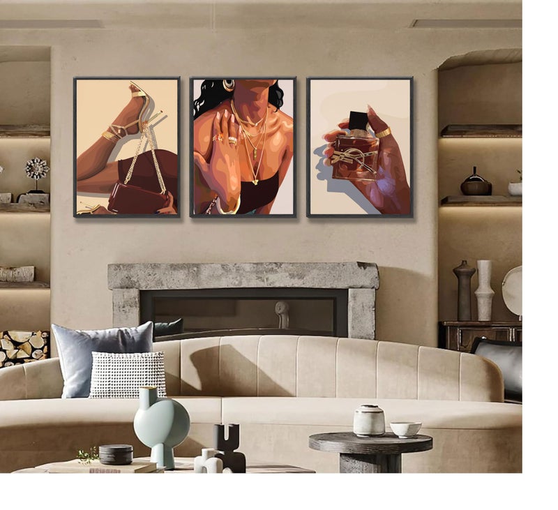 EVPYXFUT 3Pcs Black Girl Wall Art African American Woman Canvas Pictures Fashion Girl Abstract Posters Prints Boho Black Female Paintings for Nordic Minimalist Room Bedroom Wall Decor Unframed - Image 4