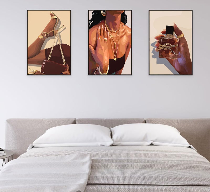 EVPYXFUT 3Pcs Black Girl Wall Art African American Woman Canvas Pictures Fashion Girl Abstract Posters Prints Boho Black Female Paintings for Nordic Minimalist Room Bedroom Wall Decor Unframed - Image 3