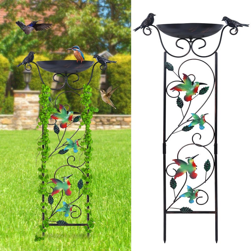 hogardeck 35â€ Metal Bird Bath with Garden Trellis for Climbing Plants Outdoor, Vintage Detachable Decorative Birdbath Bowl, Metal Plant Support for Climbing Flowers - Image 1
