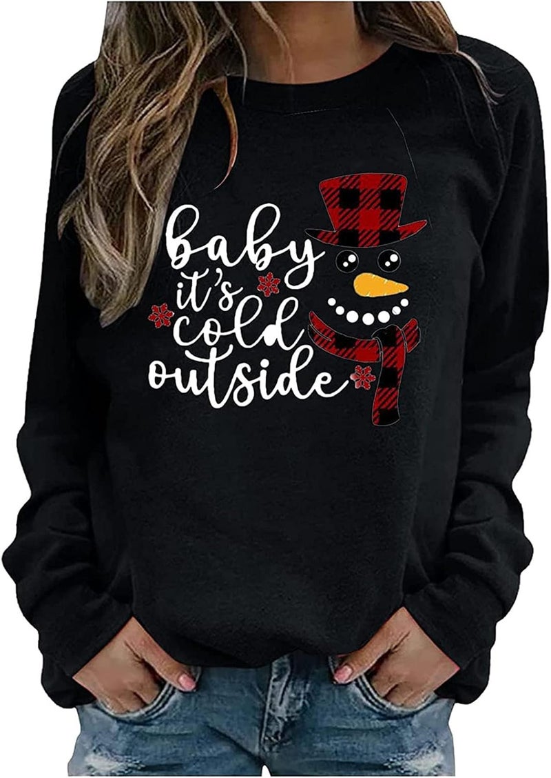 woobles Women Graphic T Shirt Tops 2021 Autumn Winter New Long-Sleeved Christmas O-Neck T-Shirt Ladies Daily Clothes Christmas Xmas Gifts Cute Christmassy Jumper Loose Oversize Girls Xmas Tops Casual - Image 1