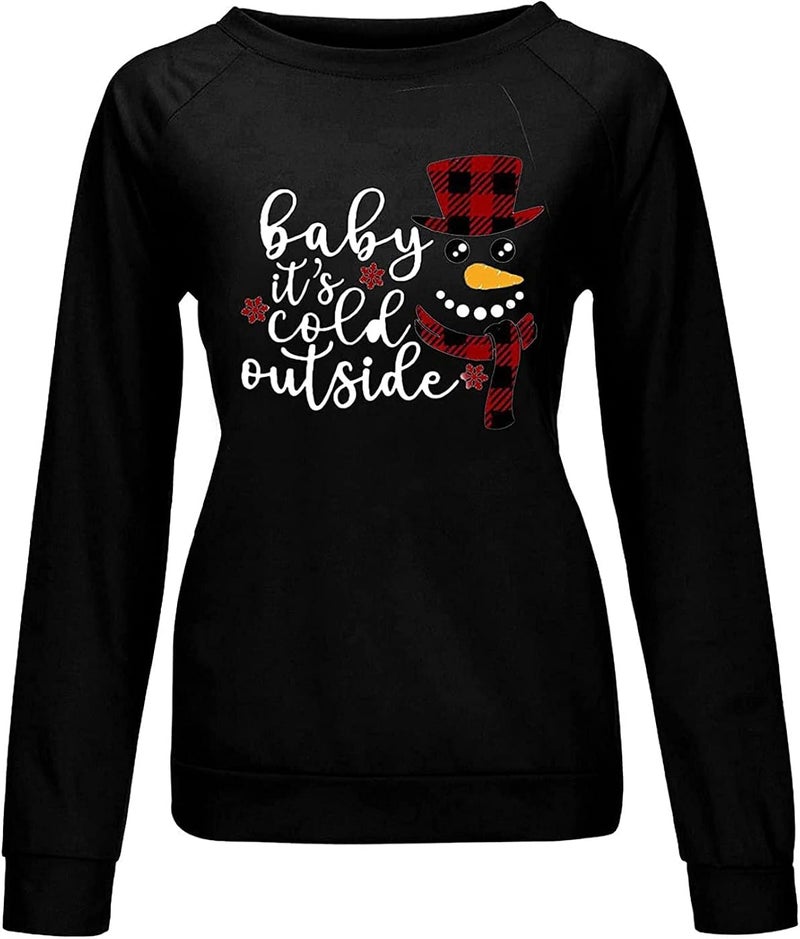 woobles Women Graphic T Shirt Tops 2021 Autumn Winter New Long-Sleeved Christmas O-Neck T-Shirt Ladies Daily Clothes Christmas Xmas Gifts Cute Christmassy Jumper Loose Oversize Girls Xmas Tops Casual - Image 3