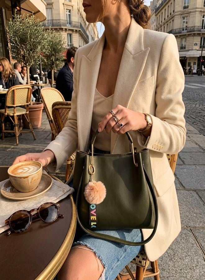 DANIEL CLARK PU Leather Tote Bag with Pom Pom Charm, Shoulder Handbag, Elegant Daily Use Purse for Office, Travel & Casual for Women & Girls (Green) - Image 5