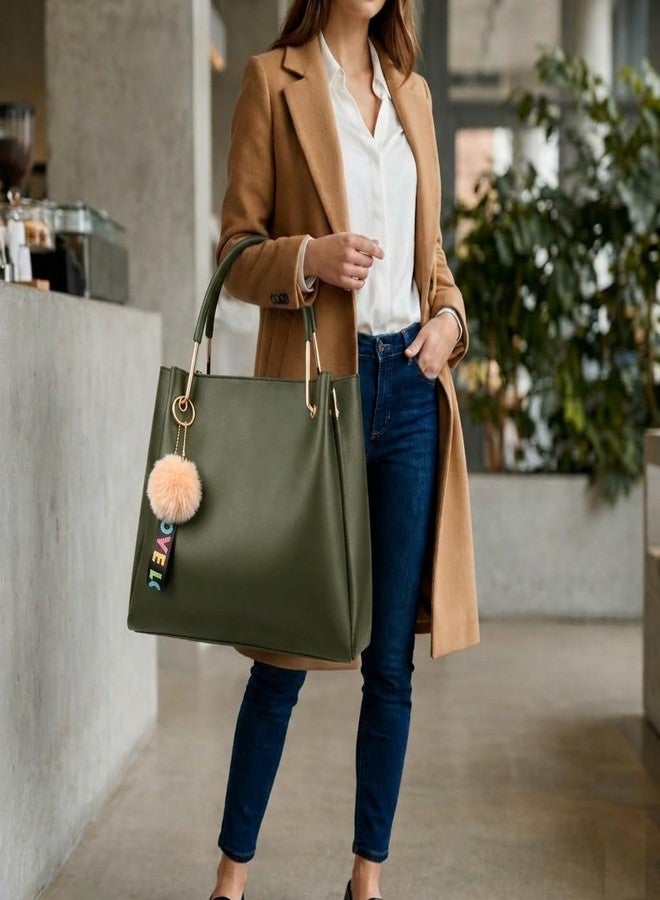 DANIEL CLARK PU Leather Tote Bag with Pom Pom Charm, Shoulder Handbag, Elegant Daily Use Purse for Office, Travel & Casual for Women & Girls (Green) - Image 3