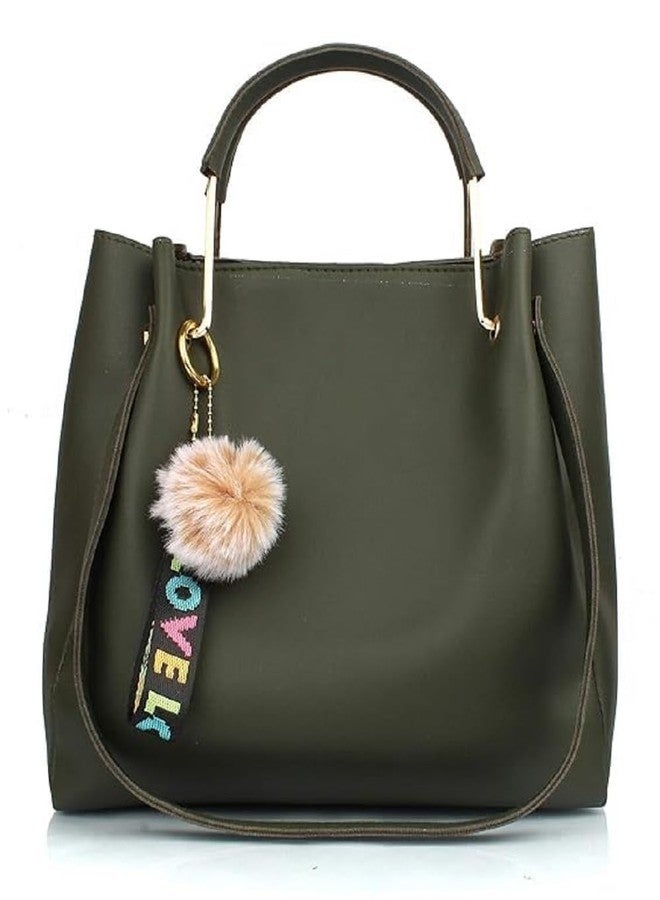 DANIEL CLARK PU Leather Tote Bag with Pom Pom Charm, Shoulder Handbag, Elegant Daily Use Purse for Office, Travel & Casual for Women & Girls (Green) - Image 1