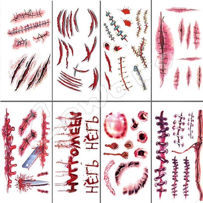 comfrt 10 Sheets Halloween Temporary Wound Tattoo Stickers ,Halloween Bloody Sticker Scar Zombie Vampire Waterproof for Party Cosplay Costume Makeup Props - Image 1